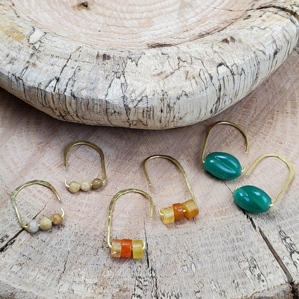 Handmade hammered semi-precious jasper modern minimalist boho earrings. 1 pair - Picture 9 of 14